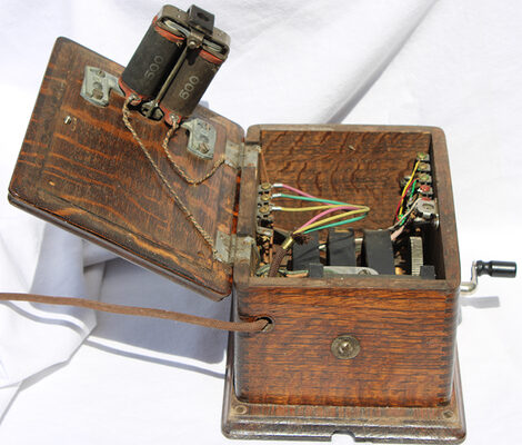 Telephone: Wall Mounted Western Electric Hand-Crank Phone with Oak Ringer Box